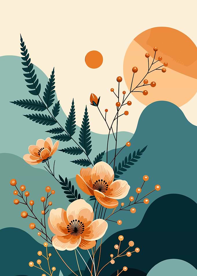 Abstract Floral Landscape with Orange Flowers