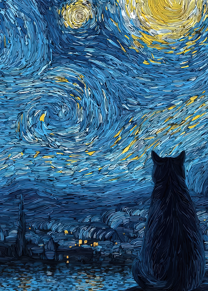 Cat Gazing at Starry Night Sky