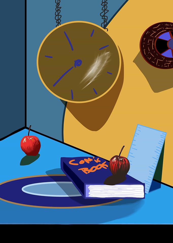 Still life with apples and comic book