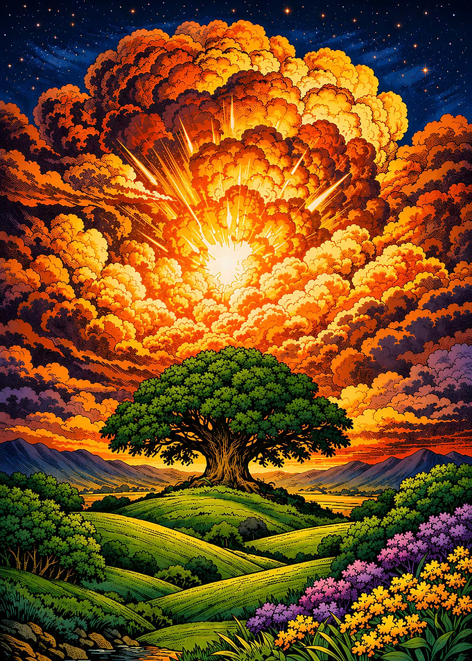 Explosion over a serene landscape