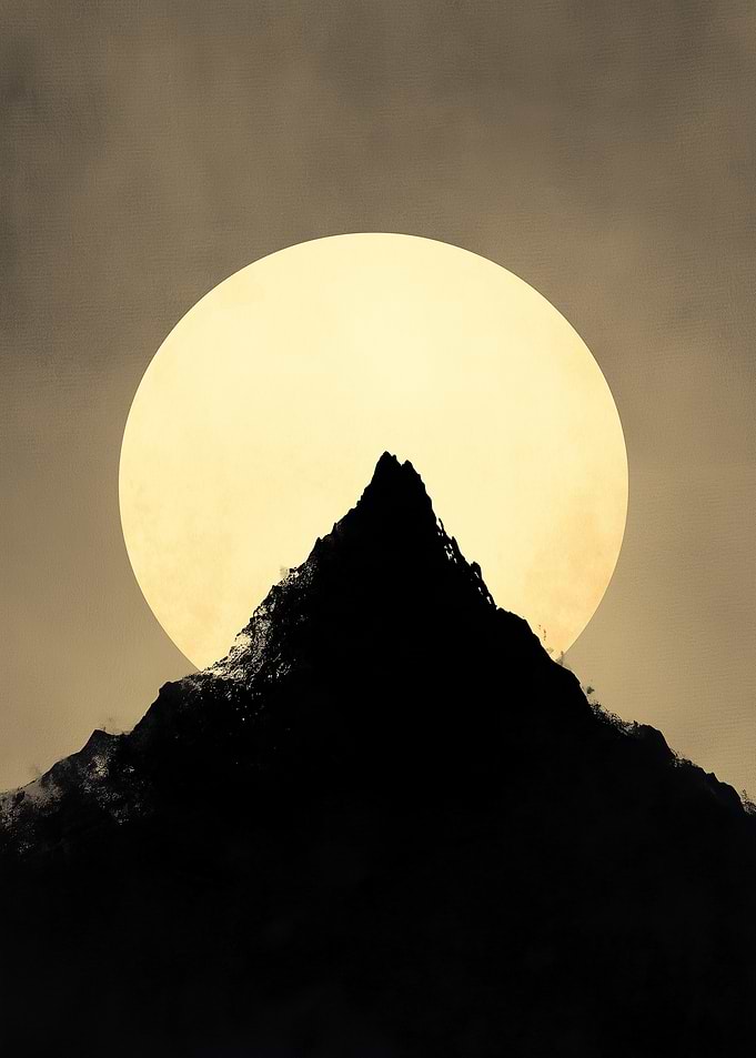 Mountain Peak Silhouette Against Full Moon