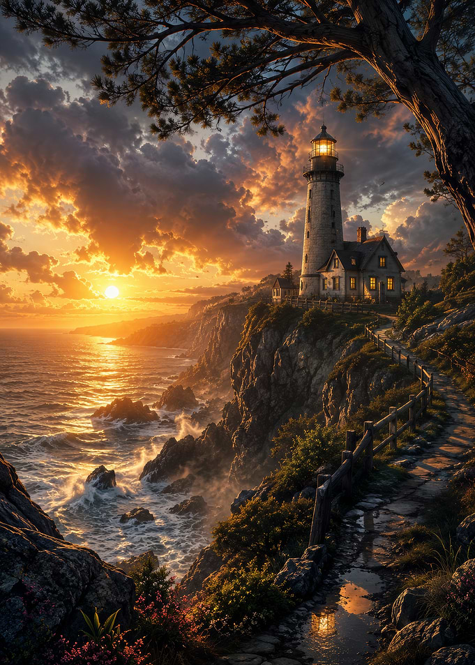 Lighthouse on a cliff at sunset