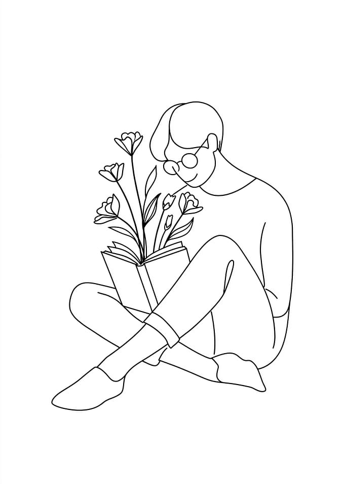 Person reading book with flowers