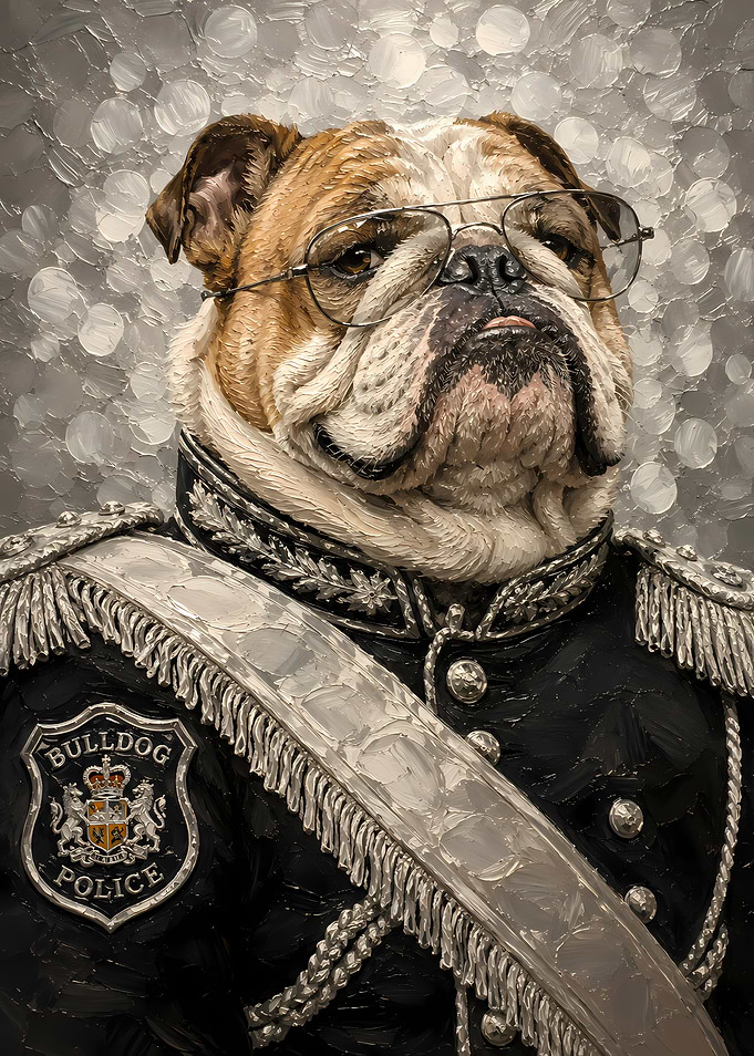 Bulldog in Military Uniform with Glasses