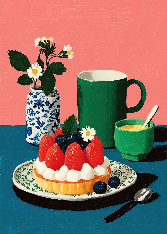 Strawberry Tart with Tea and Flowers