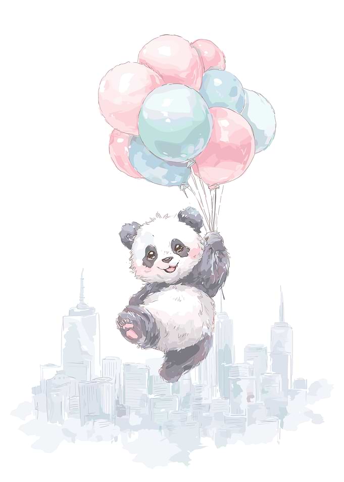 Panda Flying with Balloons Over City