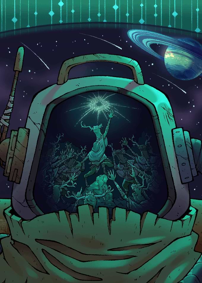 Astronaut helmet reflecting a mystical forest scene