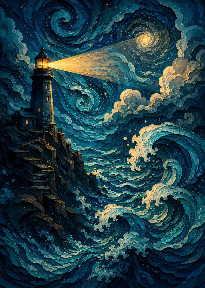 Lighthouse Beam in Stormy Seas