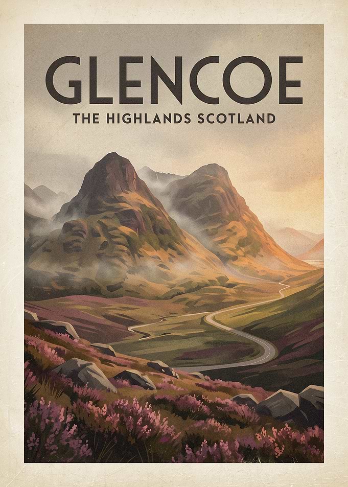 Glencoe The Highlands Scotland Vintage Poster
