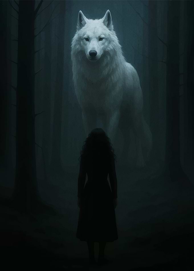Girl and White Wolf in Forest