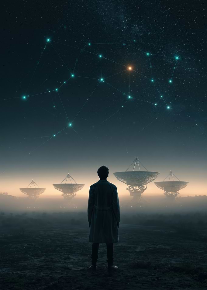 Man Gazing at Constellation Above Radio Telescopes