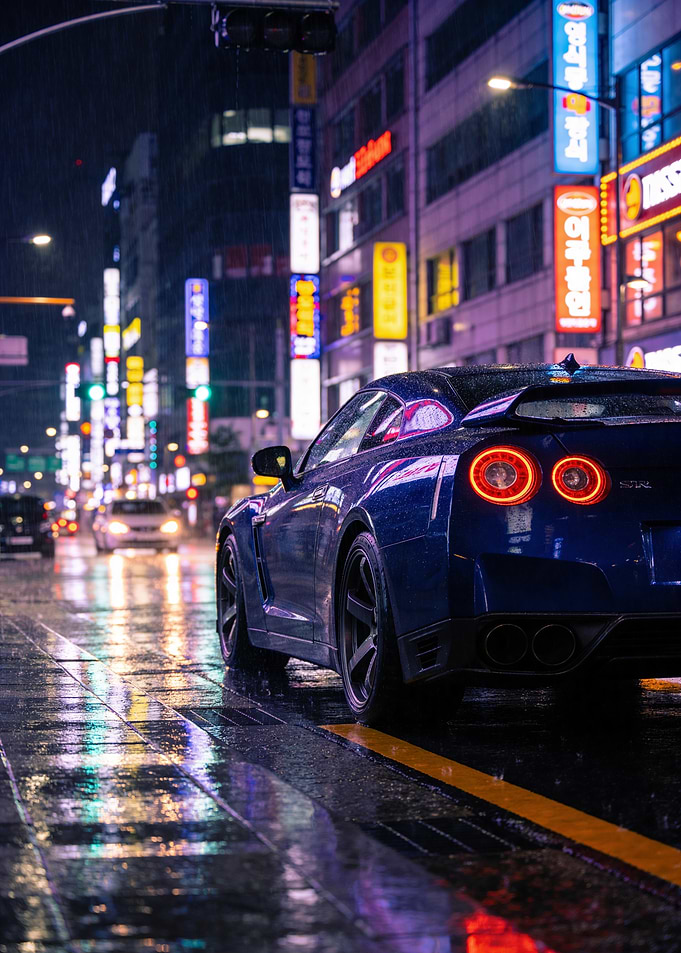 Rainy Night City Street with Sports Car