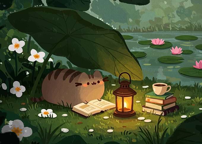 Pusheen Reading Under a Leaf by a Pond