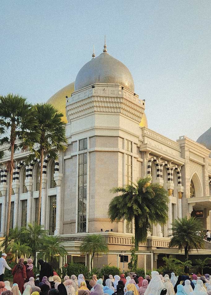 Mosque Gathering with Palm Trees
