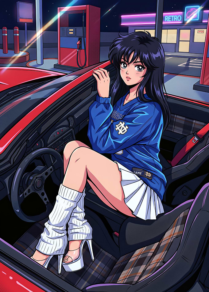 Anime Girl in Car at Retro Gas Station