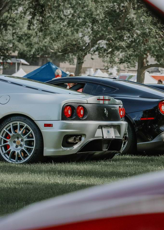 Rear view of silver Ferrari sports car