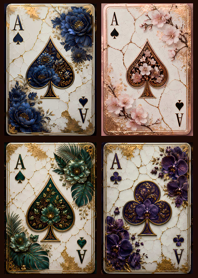 Four Aces Playing Cards with Floral Designs