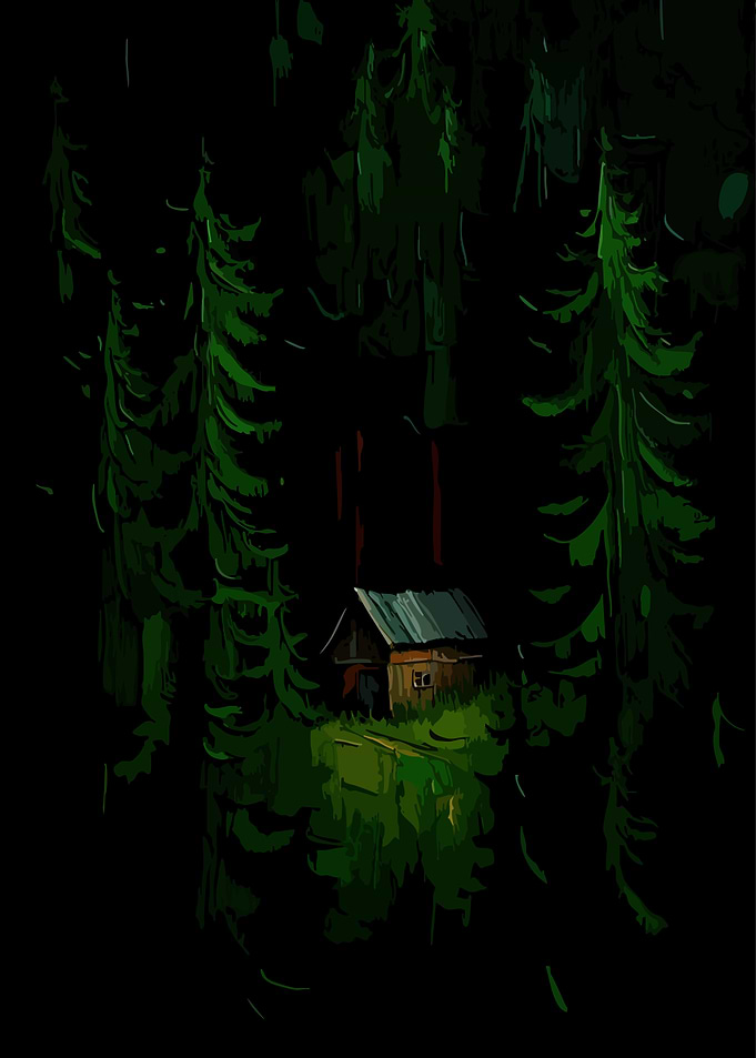 Cabin in a dark forest