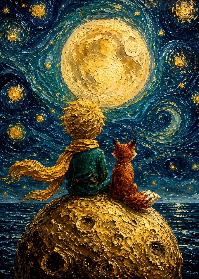 The Little Prince and Fox Under Starry Sky
