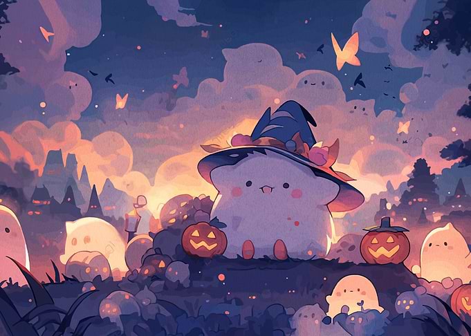 Cute Mushroom Witch with Pumpkins and Ghosts