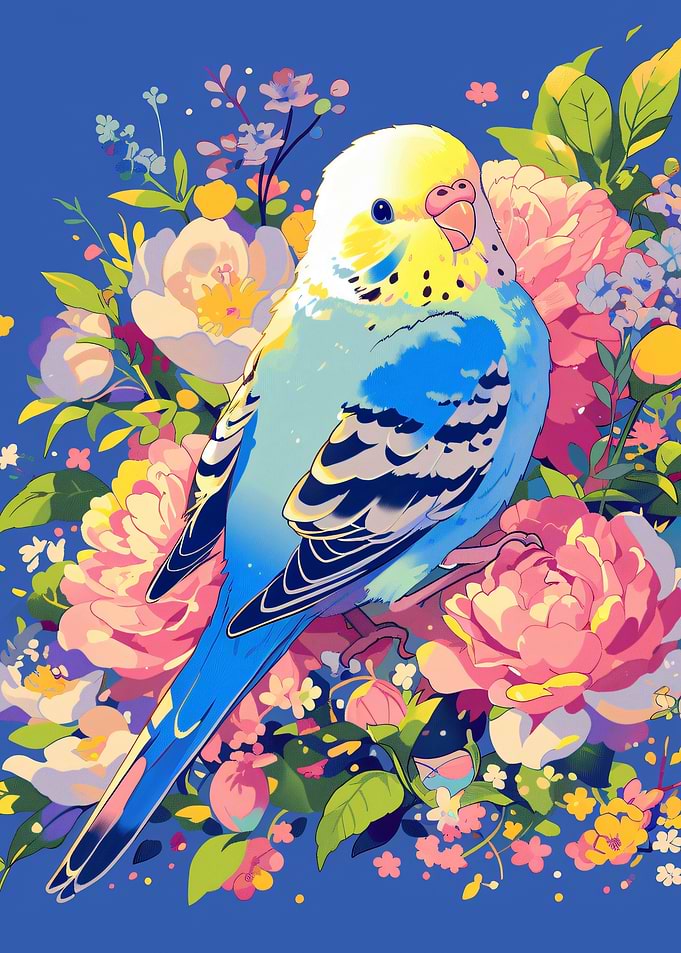 Budgie Perched Among Flowers