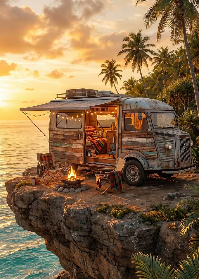 Campervan on cliff at sunset