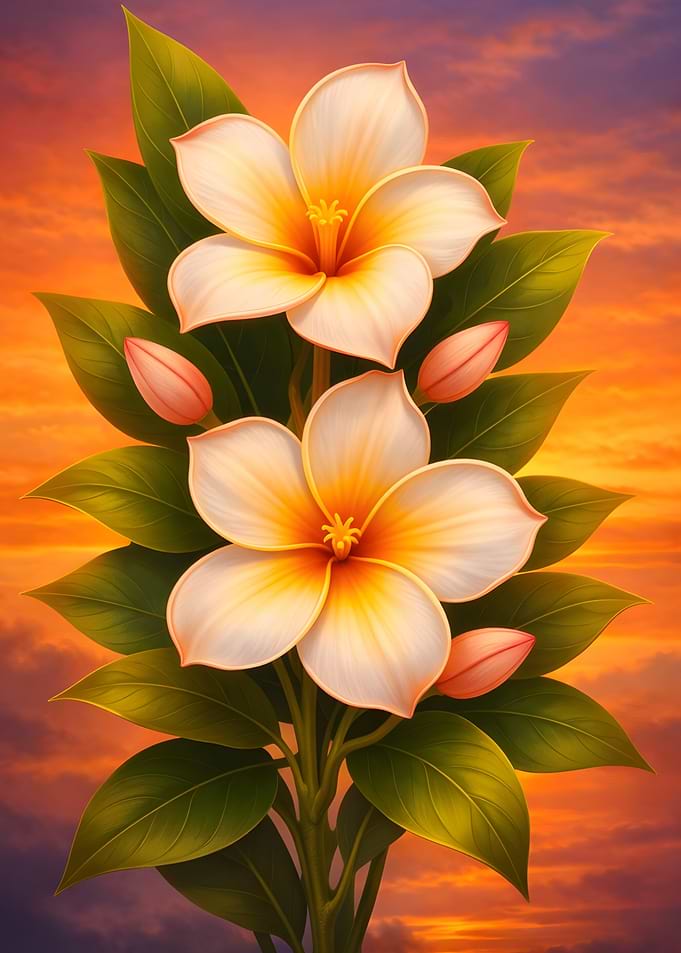 Plumeria Flowers with Sunset Sky