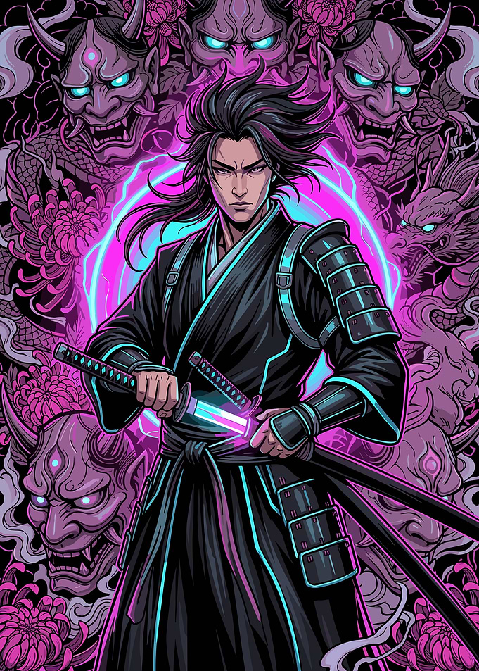 Samurai Warrior with Neon Aura