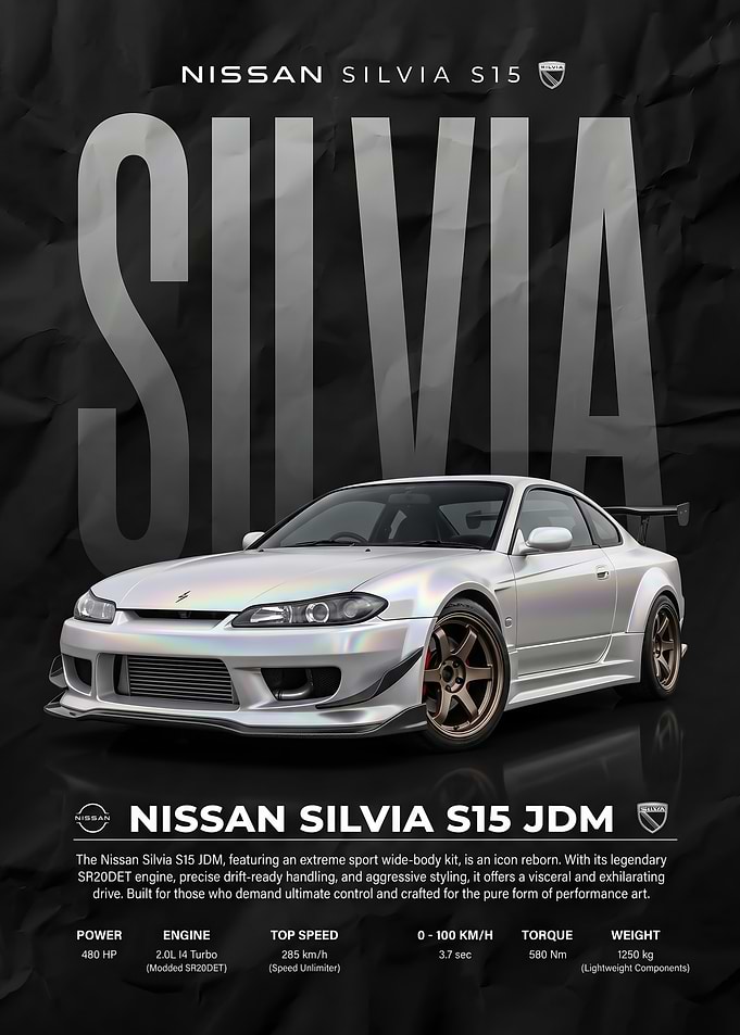 sleek white Nissan Silvia S15 JDM Poster