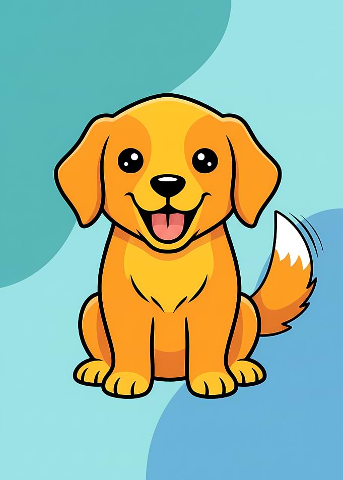 Cute Golden Retriever Puppy Cartoon Smiling on Blue Teal Background Art