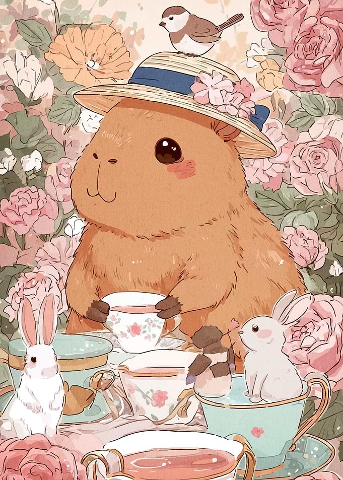 Capybara Tea Party with Bunnies
