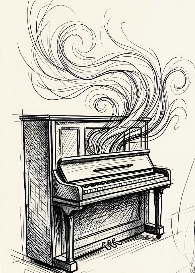 Piano with Musical Swirls