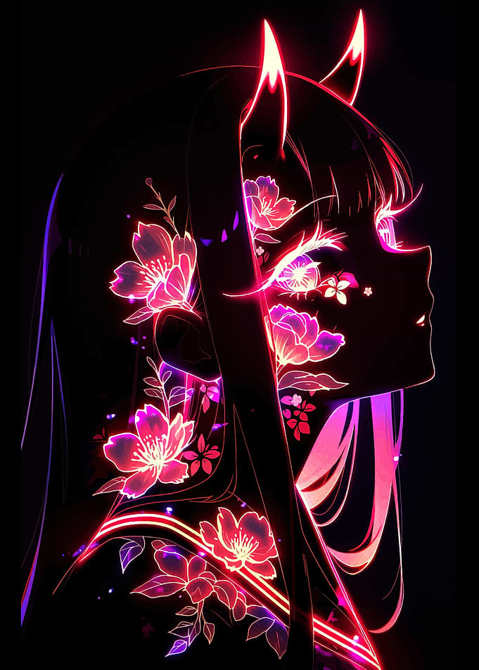 Neon Cherry Blossom Anime Girl