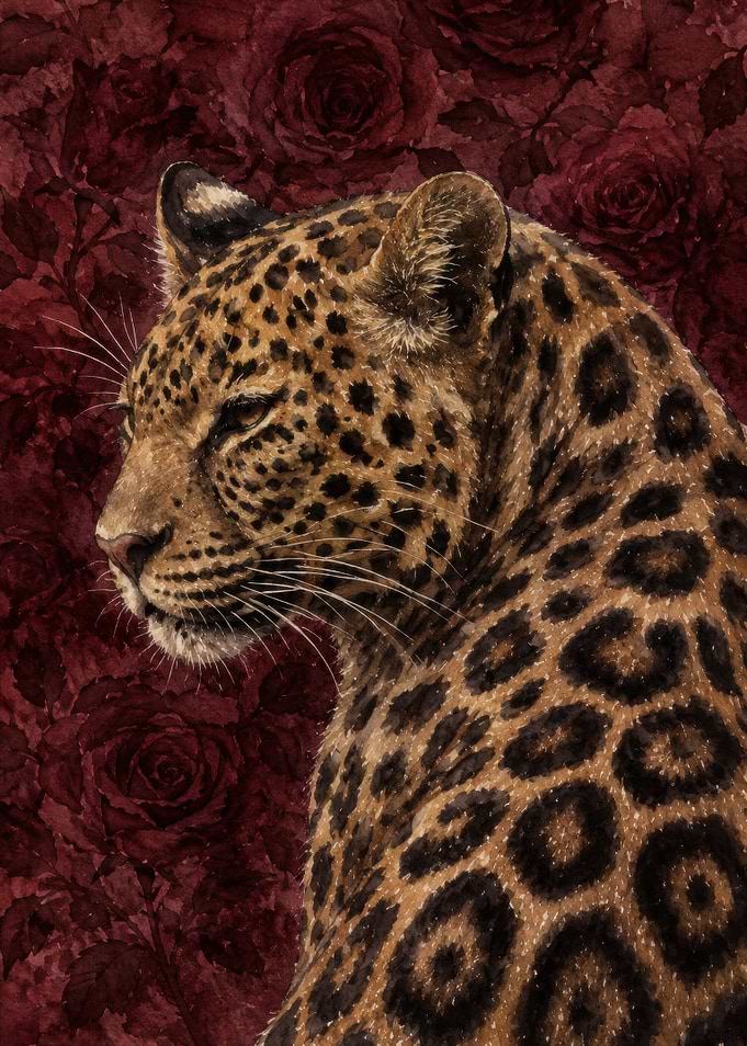 Leopard Portrait with Floral Background