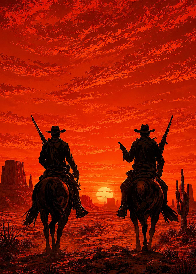 Cowboys in the Desert Sunset