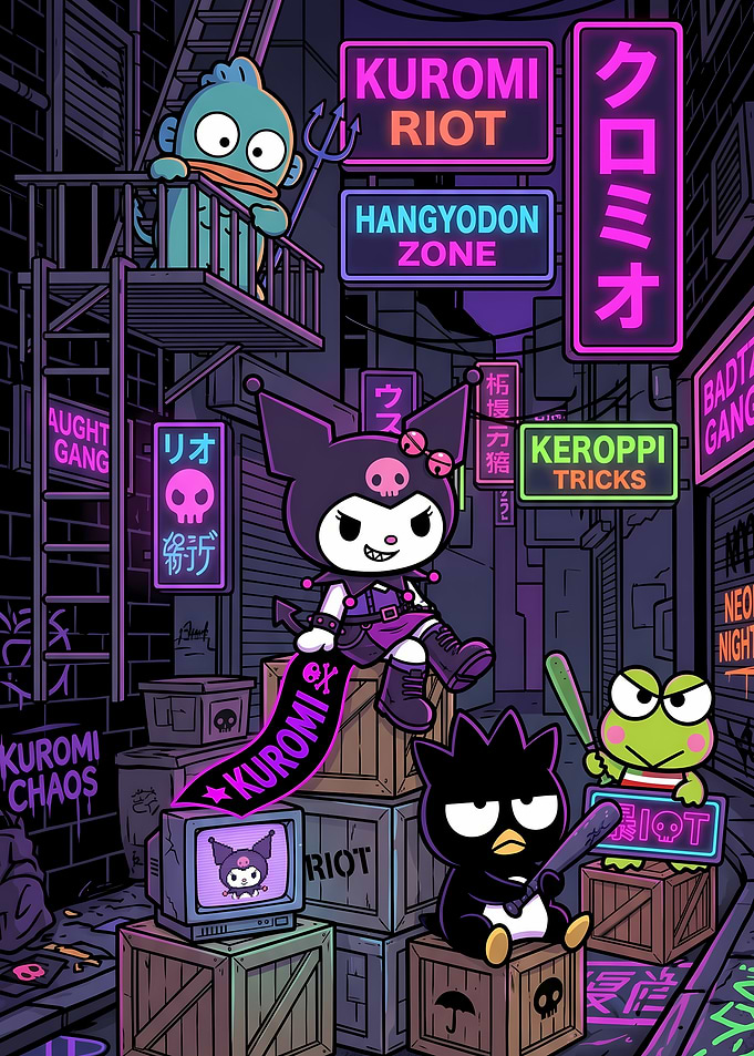 Sanrio Characters in Neon Alley