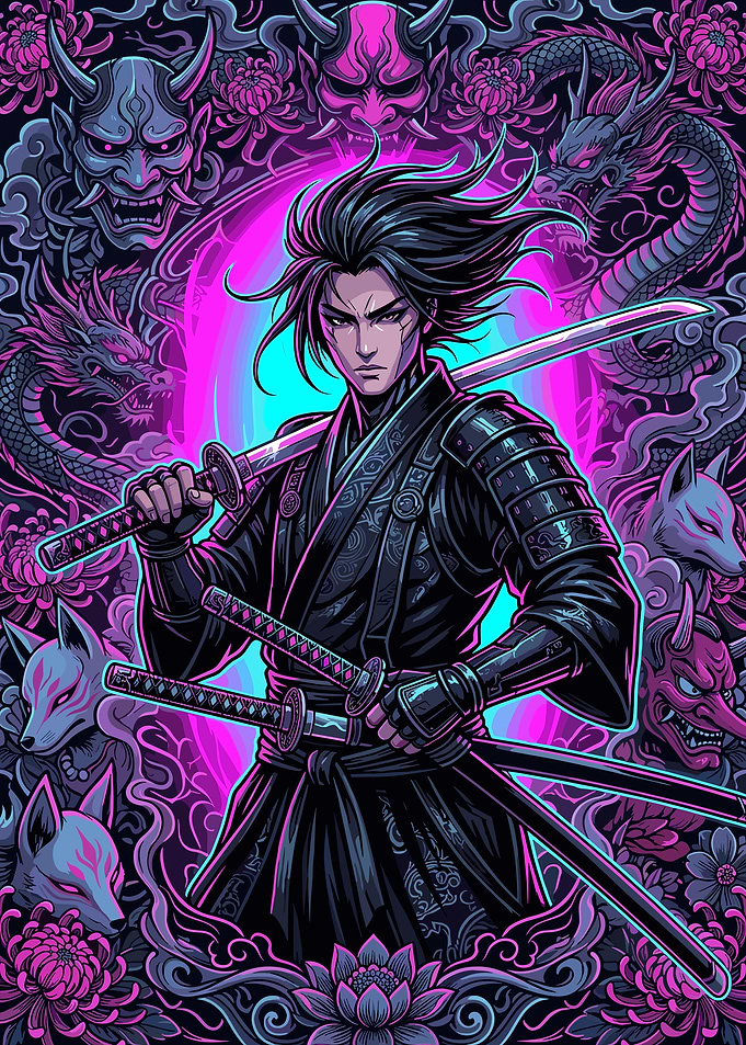 Samurai Warrior with Swords and Japanese Folklore Elements