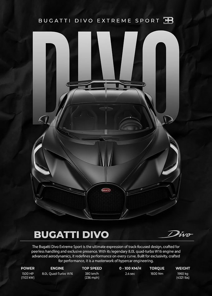 A dramatic black bugatti divo Sport Poster