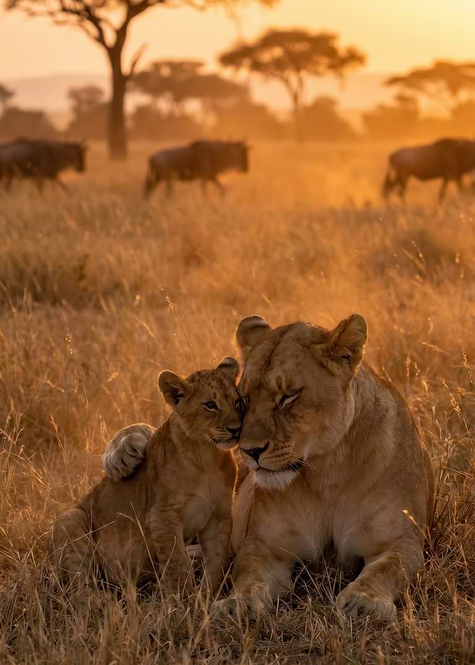 Lioness and cub in sunset