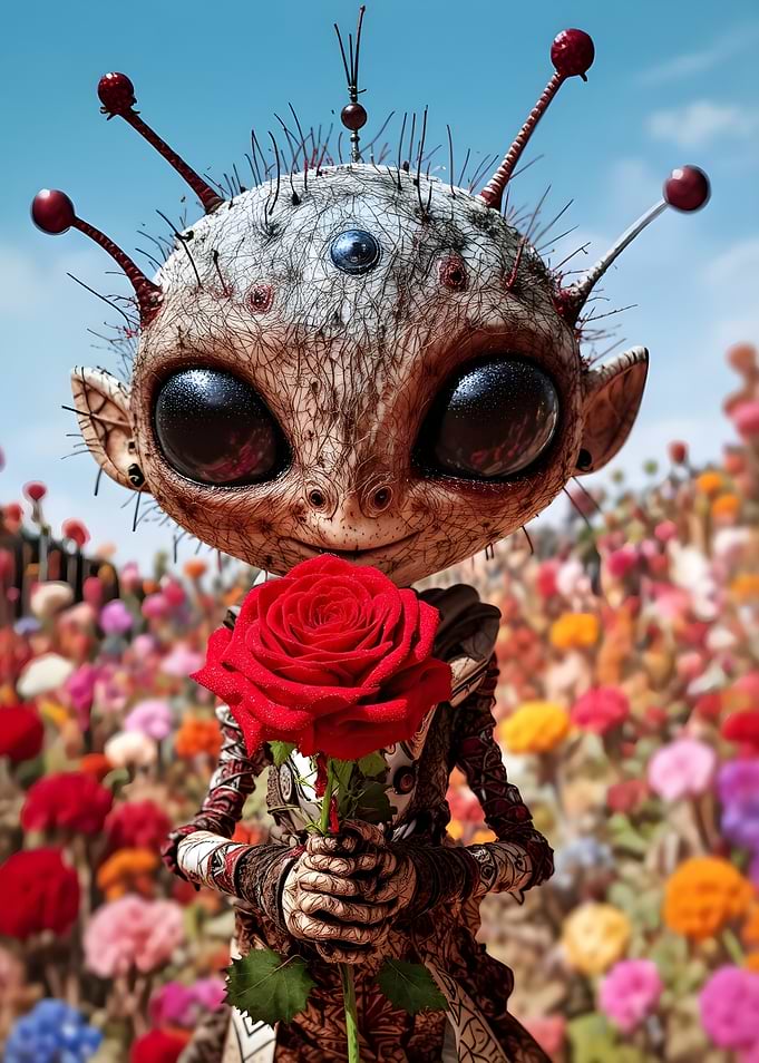 Alien holding a red rose in a flower field