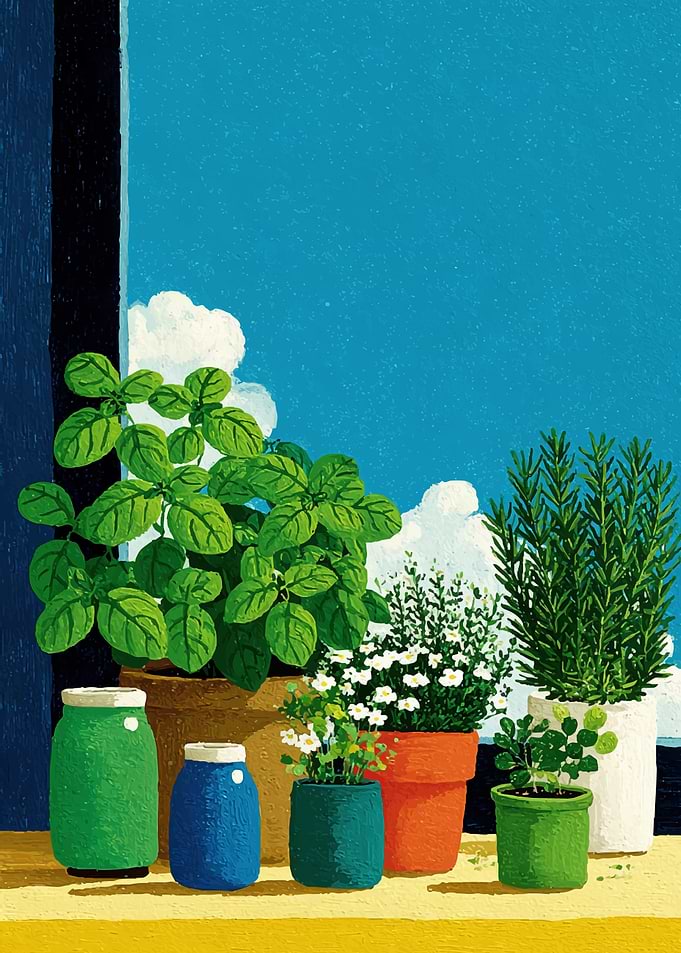 Window Herb Garden with Blue Sky
