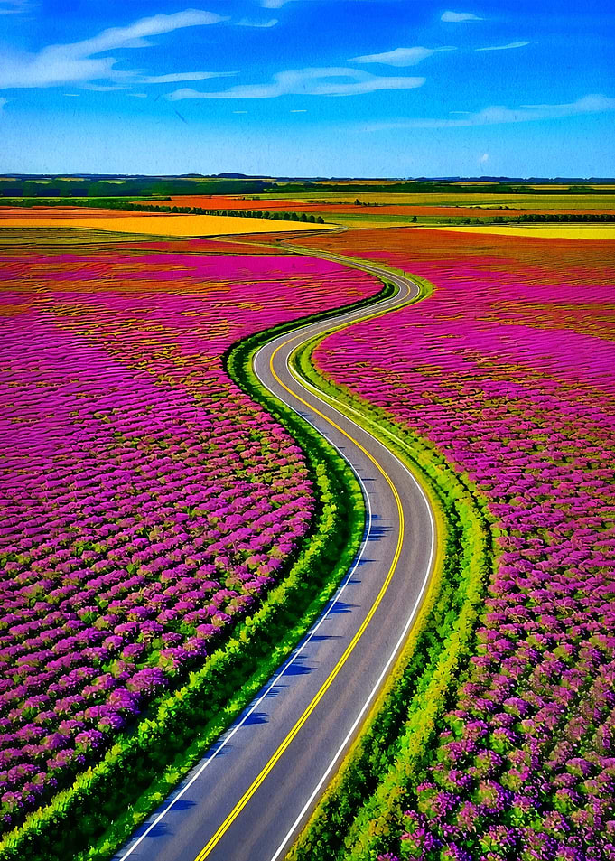 Winding Road Through Lavender Fields