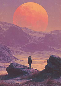 Astronaut on alien planet with large moon
