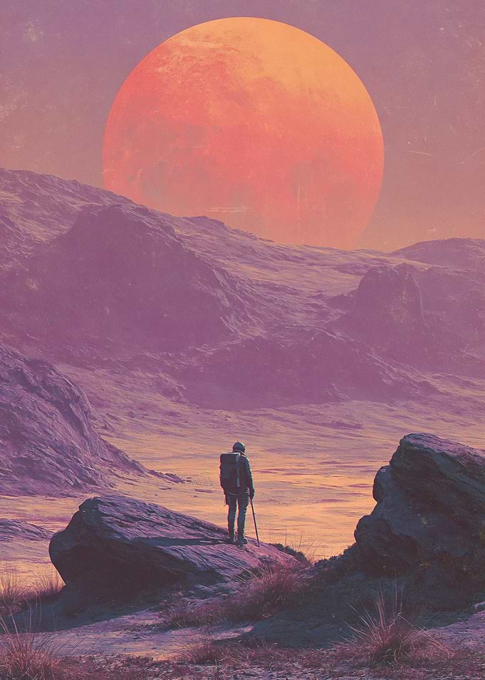 Astronaut on alien planet with large moon