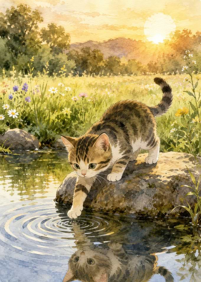 Kitten dipping paw in water at sunset