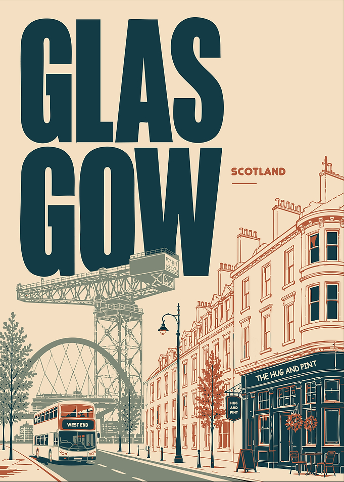 Glasgow Scotland Travel Poster – Retro Urban City Wall Art