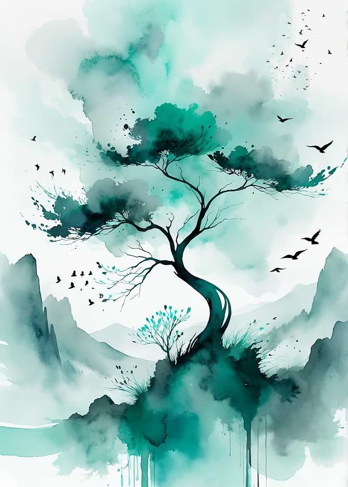 Serene Watercolor Tree and Birds