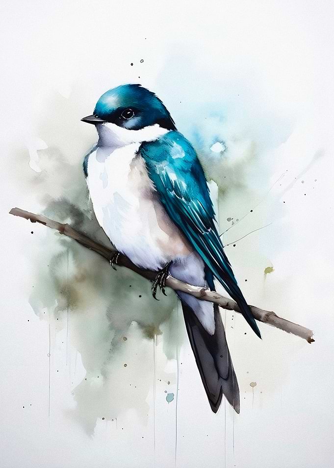 Watercolor Tree Swallow on Branch