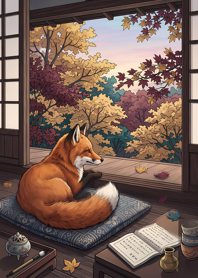 Fox in a Japanese room with autumn view