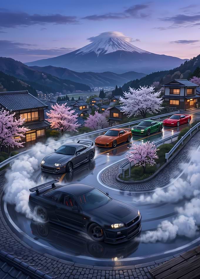 Drifting Cars with Mount Fuji Backdrop